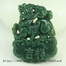 Natural AAA dark green jade jadeite hand carved Chinese lion charm amulet luck p - £18.78 GBP