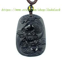 Natural Obsidian "double / carp / group / Lotus" Zodiac pendant necklace pendant - $29.99