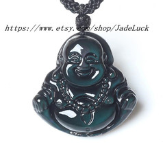 Natural obsidian pendant Laughing Buddha Maitreya &quot;evil security and peace&quot; pend - £23.91 GBP