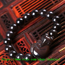 Hand-carved natural obsidian bracelet rainbow obsidian eyes fox handmade... - £22.83 GBP