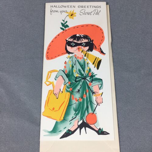 Primary image for Vintage Halloween Art Guild Secret Pal Greeting Card - Colorful Dress up Lady 