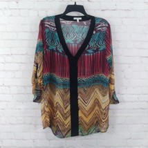 Halo Blouse Womens XL Geometric Sheer 3/4 Roll Tab Sleeve V Neck Boho Art - £15.63 GBP