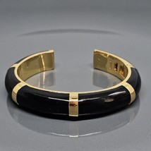 HERITAGE Black Lucite Panel Gold Tone Hinge Bracelet Luxurious Open Cuff - £19.89 GBP