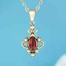 Natural Cabochon Garnet and Pearl Vintage Style Pendant in solid 9K Yellow Gold - £439.09 GBP