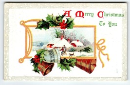 Christmas Postcard Bells Dog People Country Cottages Embossed Vintage Greetings - £5.95 GBP