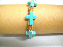 4 CROSS TURQUOISE BLUE HOWLITE on RUSTY BROWN MACRAME ADJ BRACELET OR AN... - $91.40 MXN