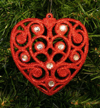 Red Glittered Shatterproof Filigree Heart w/ Rhinestones Christmas Tree Ornament - £7.09 GBP