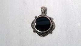Vintage Sterling Silver Black Onyx Marcasite Pendant K1390 - £22.07 GBP