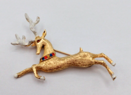 Signed Hedy Rhinestone Reindeer Pin Brooch Mid Century 1960&#39;s Gold Tone ... - £14.99 GBP