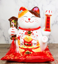 Japanese Lucky Charm White Beckoning Cat Maneki Neko With Waving Arm Fig... - £39.22 GBP