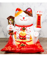 Japanese Lucky Charm White Beckoning Cat Maneki Neko With Waving Arm Fig... - $68.07 CAD