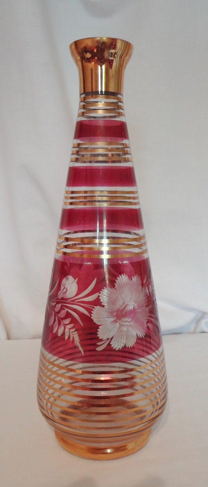 Cranberry Vase With Gold Rings 10 inch Etched Cut To Clear Floral Design Vintage - $49.99