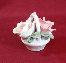 Miniature Ceramic Floral Basket With Handle Figurine Flowers Roses  - $6.99