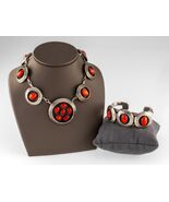 Navajo Sterling Silver Coral Shadowbox Necklace &amp; Cuff Bracelet Set 85g - €1.277,98 EUR
