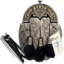 Scottish Kilt Grey Rabbit Fur Full Dress Sporran Unique Enamel Thistle Cantel - €110,87 EUR