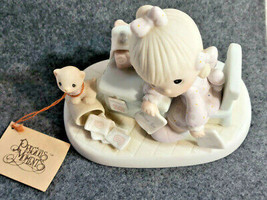 Enesco Figurine &quot;Praise The Lord Anyhow&quot; 1982 Precious Moments Girl Desk Cat  - £19.58 GBP