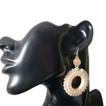 Womens Ivory Wood Glass Beaded Hoop Circle Drop Dangle French Hook Earrings - £23.72 GBP