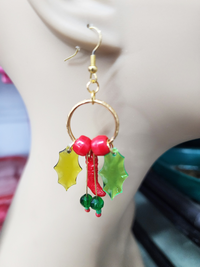Primary image for red and green leaf cowgirl boots hoop earrings beads dangles western jewelry