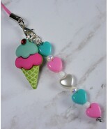 Ice Cream Cone Heart Handmade Cell Phone Charm Lanyard Strap Aqua Pink W... - $244.42 MXN