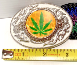 Holographic Hemp Leaf Belt Buckle Metal w/ 39&quot; Belt Cannabis Weed Cheeba 420 - £28.15 GBP