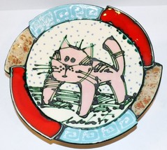 Fabulous Htf Signed Saldaitis Art Pottery Pink Cat 9&quot; Wall PLATE/SHALLOW Bowl - £121.86 GBP