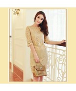 Sweetheart Gold Embroidery Lace Sheath Knee Length Dress Three Quarter S... - £47.91 GBP