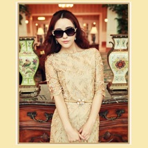 Sweetheart Gold Embroidery Lace Sheath Knee Length Dress Three Quarter Sleeves image 2