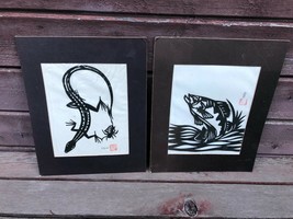 Pair 2 VTG Japanese JAD FAIR Cut Out Art Prints Fish &amp; Lizard Signed w C... - £47.44 GBP