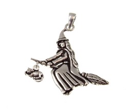 Solid 925 Sterling Silver Witch on Broomstick Pendant by Peter Stone Jewelry - £26.42 GBP