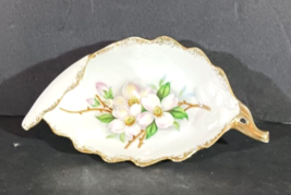 Vintage LEAF-SHAPED TRINKET DISH Hand Painted Dogwood Gold Trim NW-DW-56 - £3.68 GBP