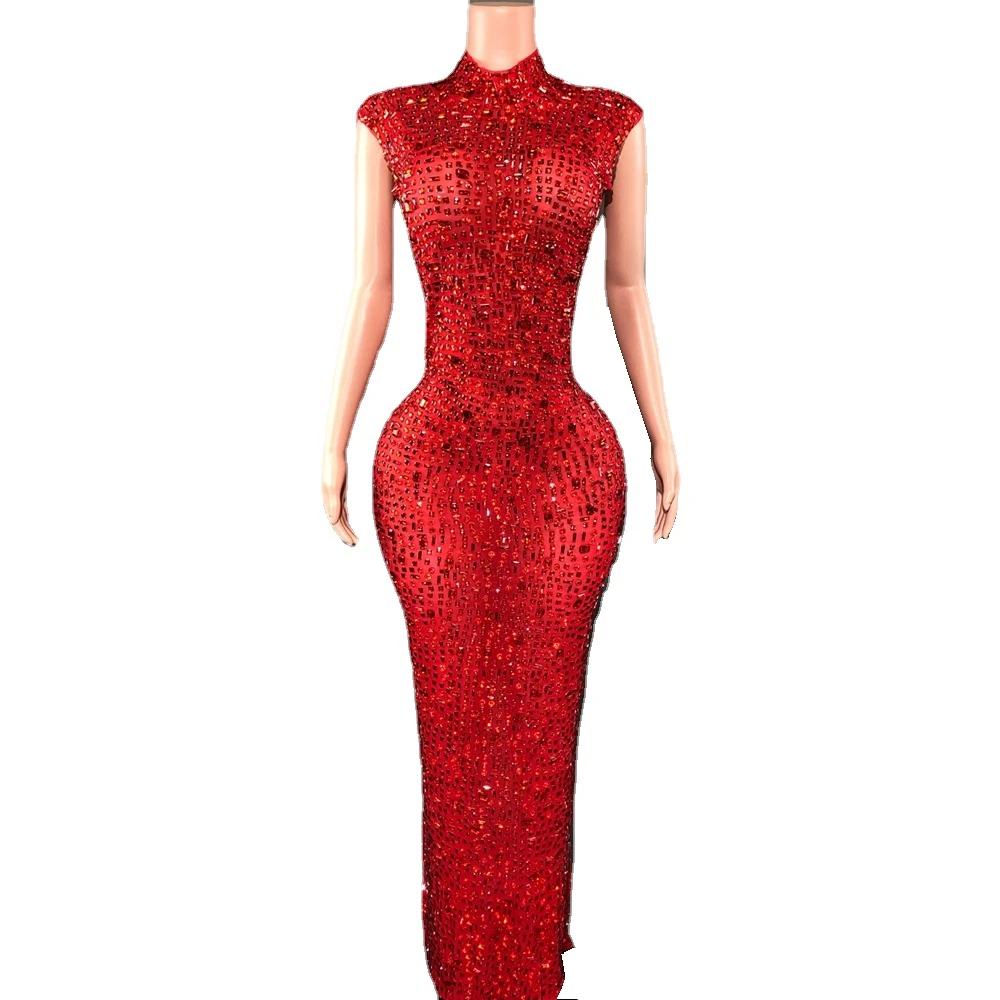 Sparkly Red Rhinestone Sleeveless Stretch Long Dress Women Sexy Mesh Cel... - $114.34