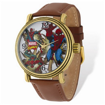 Marvel Adult Size Spiderman Gold-tone Brown Leather Band Watch - £43.96 GBP