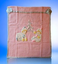 Handmade Pink Wool Satin Trim Dimensional Applique Baby Blanket OOAK Vintage  - £388.86 GBP