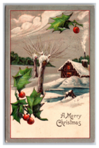 A Merry Christmas Winter Landscape Cabin Holly Embossed DB Postcard R30 - $4.17