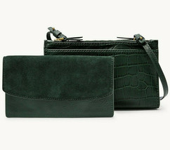 Fossil Sage Green Leather Suede Crossbody SLG1322366 NWT Alligator Double-Zip Y - £45.68 GBP