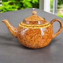 Vintage Teapot German Brown Stoneware Pottery Speckled Glazed Double Stripe - £14.18 GBP