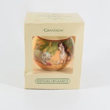 1983 Hallmark Christmas Ornament Grandson Satin UNBREAKABLE puppy Kitten Vintage - £3.62 GBP