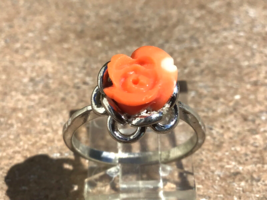 Sterling Coral Ring Carved Rose Size 5 3/4 Vintage - £42.52 GBP