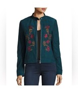 Neiman Marcus Floral Embroidered Suede Moto Jacket In Dark Cyan Size XS - $60.93 CAD