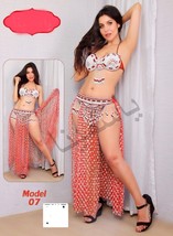 2 Piece Belly Dance Embroidered Pearl Bra &amp;Skirt Red Tulle Belly Dance C... - £38.59 GBP