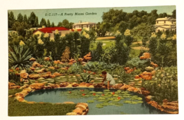 A Pretty Miami Garden Flowers Plants Pond FL Linen Curt Teich UNP Postcard 1940 - £6.28 GBP