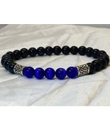 Stretch Bracelet Blue Cat Eye and Black Stone Beads Silver Accents 7.5&quot; ... - £19.07 GBP