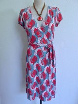 Boden Summer Wrap Dress 6 Stretch Jersey Coral Turquoise Feather Leaf Print - $34.99
