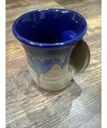 Coffee Mug Pottery Blue &amp; Cream Hand Warmer Signed Neher  Tea Cup 2017 - $23.00