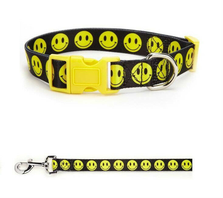 SMILEY FACE Dog Collar & Lead Sets Cute Yellow Black Happy Dogs Walking XSMALL - $14.65