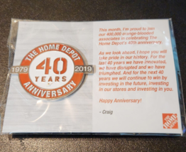 The Home Depot 40TH Anniversary Pin 1979 - 2019 Home Depot Store Pinback &amp; Card - £7.82 GBP