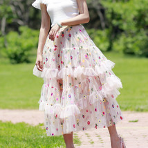 A-line Floral Tiered Tulle Skirt Outfit Women Plus Size Ivory Tulle Midi Skirt image 6