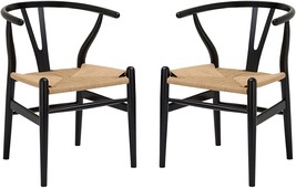 Poly and Bark Weave Modern Wooden Mid-Century Dining Chair, Hemp Seat, Black - £305.41 GBP
