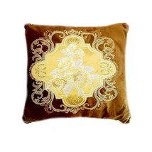 Brown Velvet Pillow, Embroidered Gold Flower, Brawn Velvet, Gold Flower, 24x24&quot; - £108.56 GBP