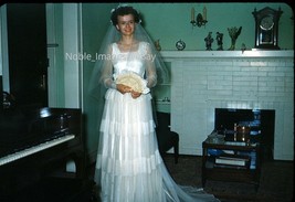 1952 Happy Bride Piano Living Room Midlothian IL Red-Border Kodachrome Slide - £2.71 GBP